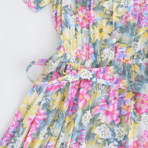 Vintage 90's D'allaird's Pink Green Yellow Floral Belted Midi Short Sleeve Dress - Picture 9 of 13
